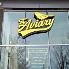 The Aviary sign outside of the brewpub