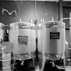 Radical Road Brewing Company fermentation tanks in B&W